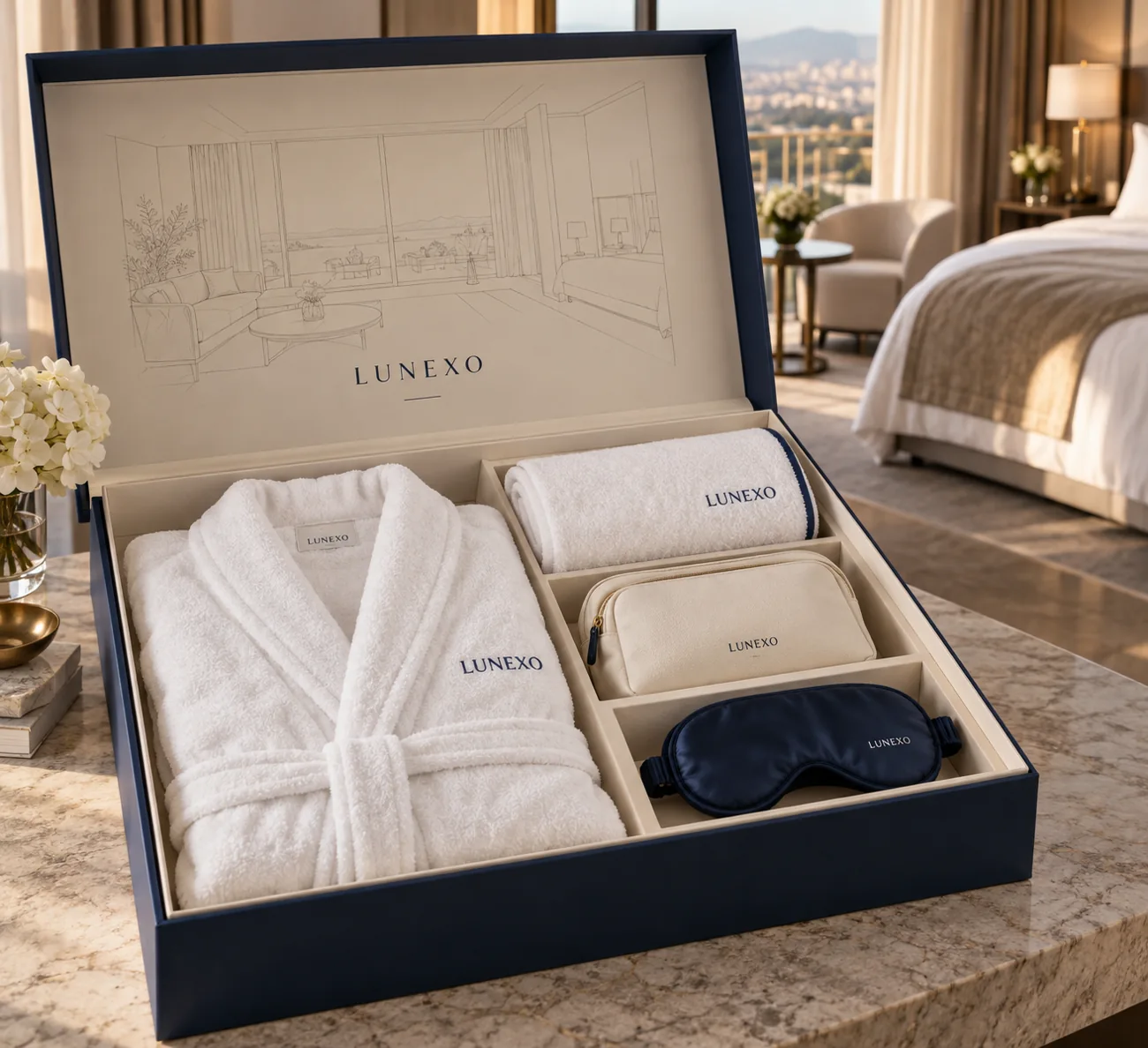 Coffret hôtelier Suite et sommeil avec peignoir, serviette, trousse et masque de nuit