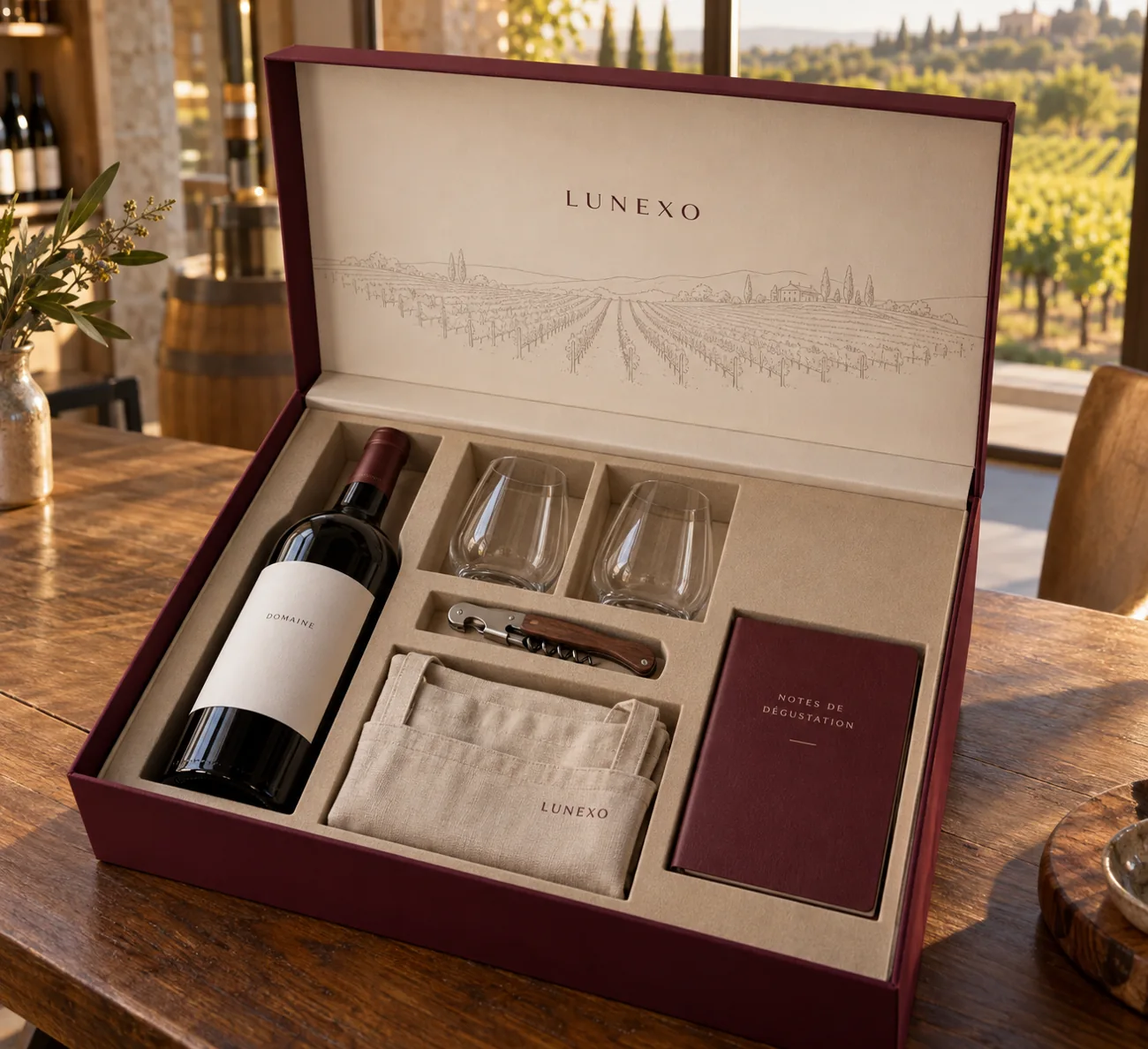 Coffret viticole avec bouteille du domaine, deux verres, tire-bouchon, tablier et carnet